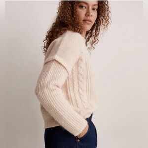 Madewell Cable Havener Pullover in Heather Powder Alpaca Wool Blend